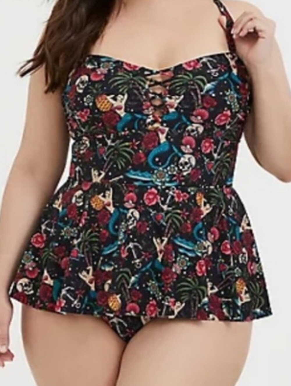 Torrid Sz 2 2X Plus Mermaid Skull  Roses Anchor Tattoo Swimsuit Swim Dress New!
